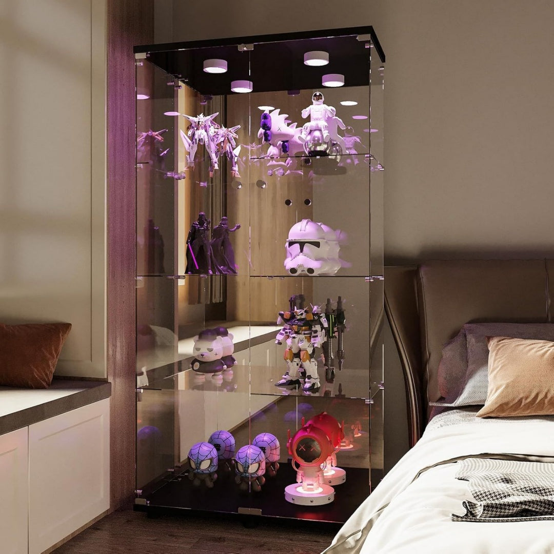 Vitrine dexposition rose en verre, 2 portes et rangement optimise