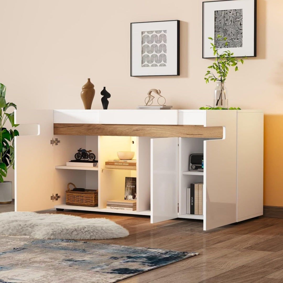 Enfilade coloris beige verre, a 3 portes pour 140 cm de rangement