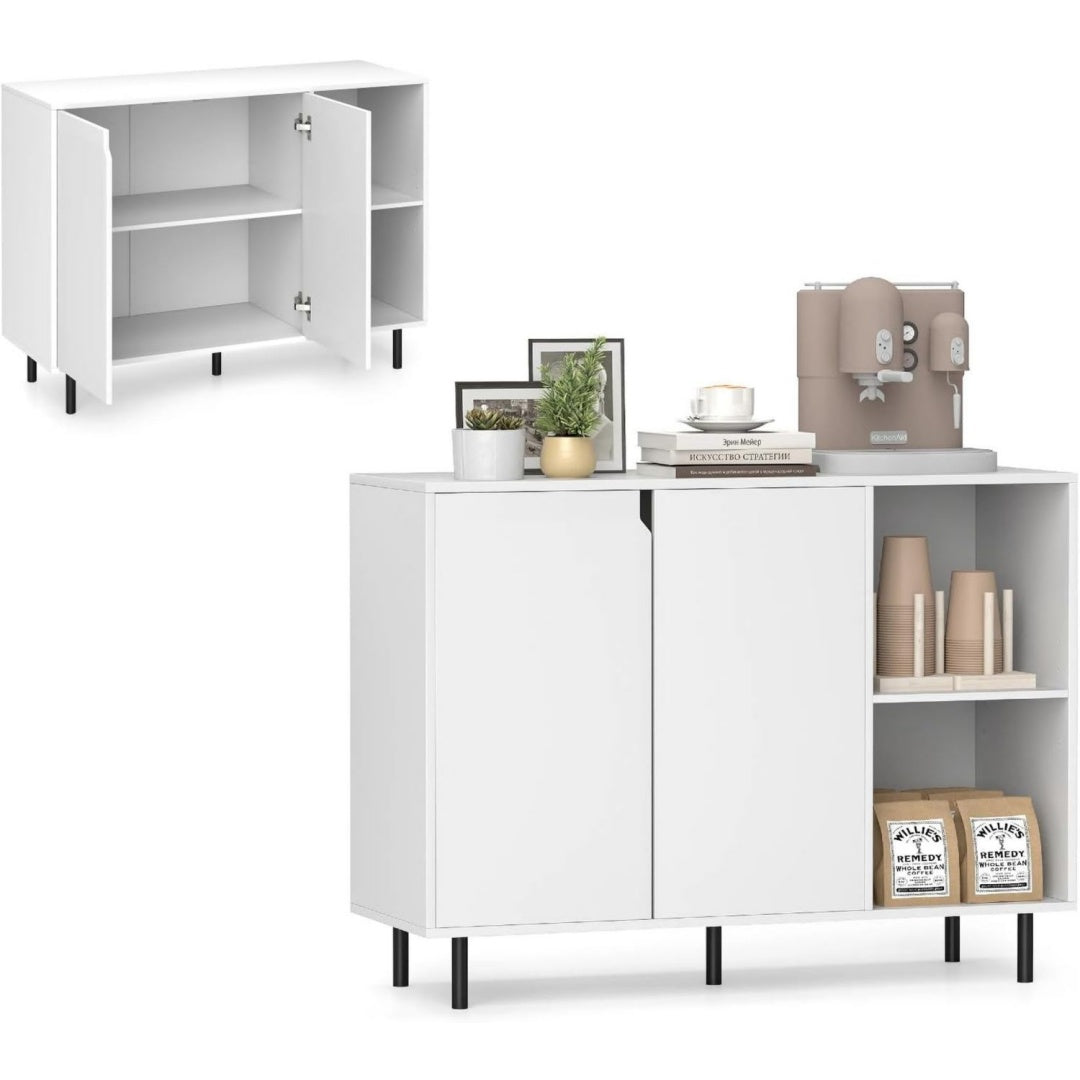 Enfilade gris clair a 2 portes 2 etageres, metal et 106 cm