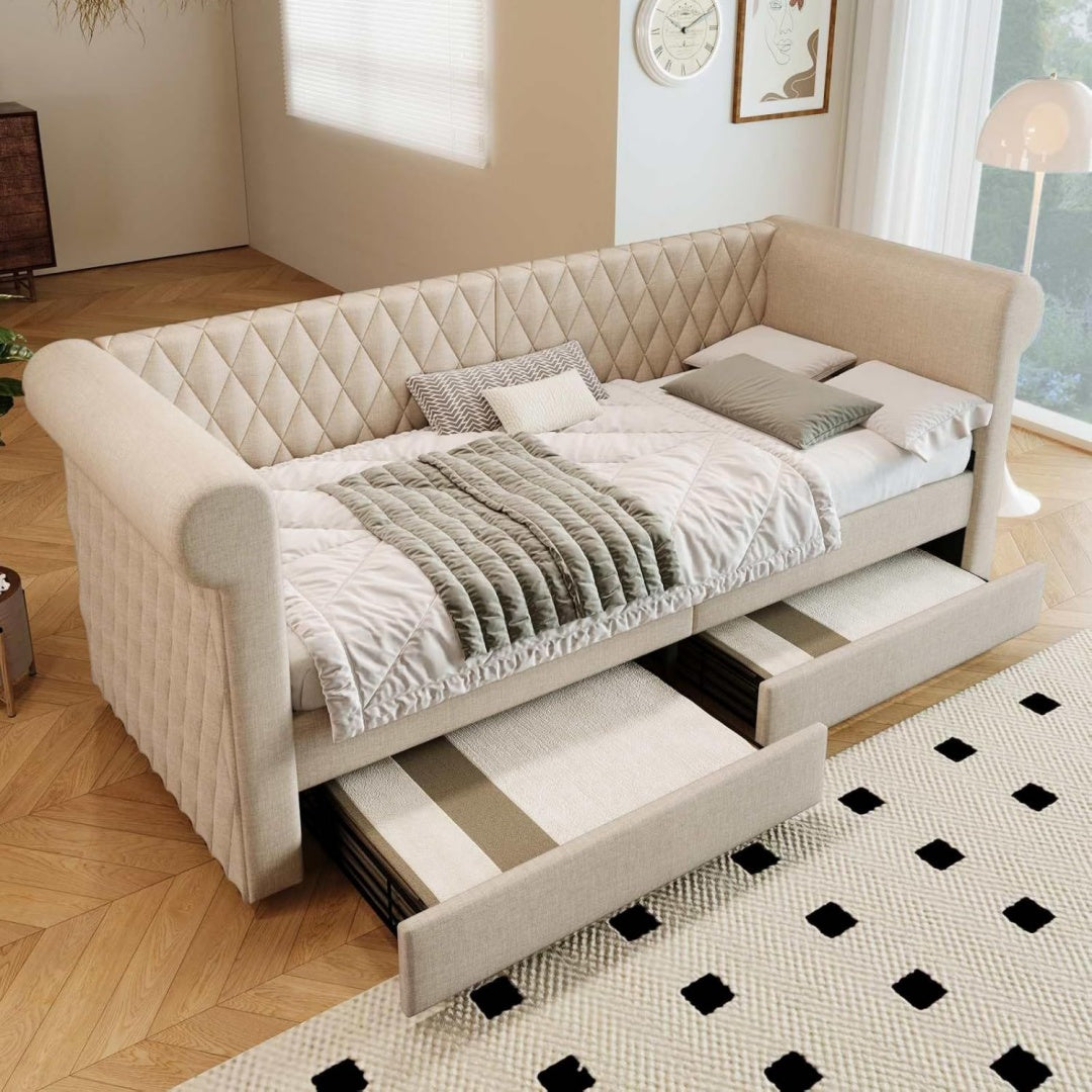 Lit creme en bois massif avec 2 tiroirs