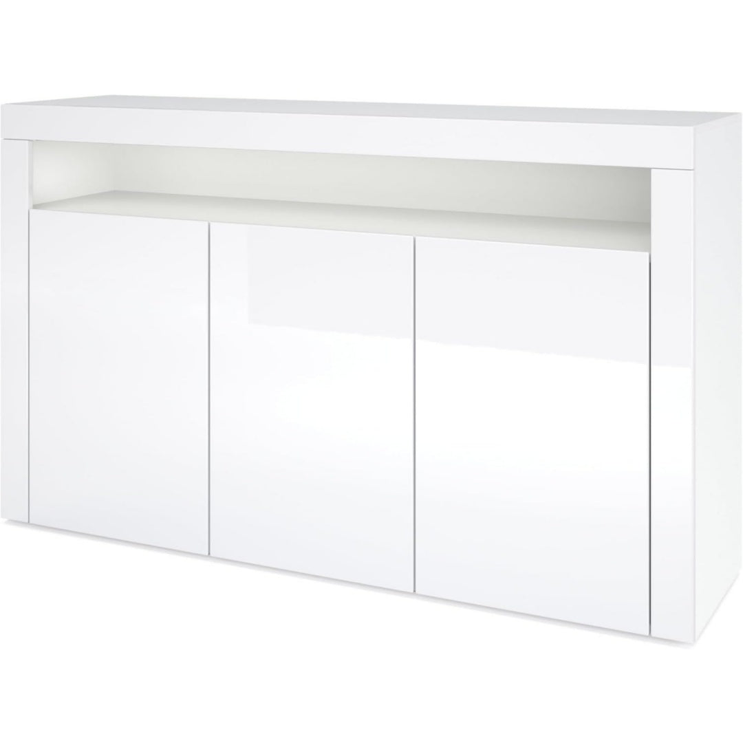 Meuble TV mural gris clair design contemporain, trois portes, trois tiroirs
